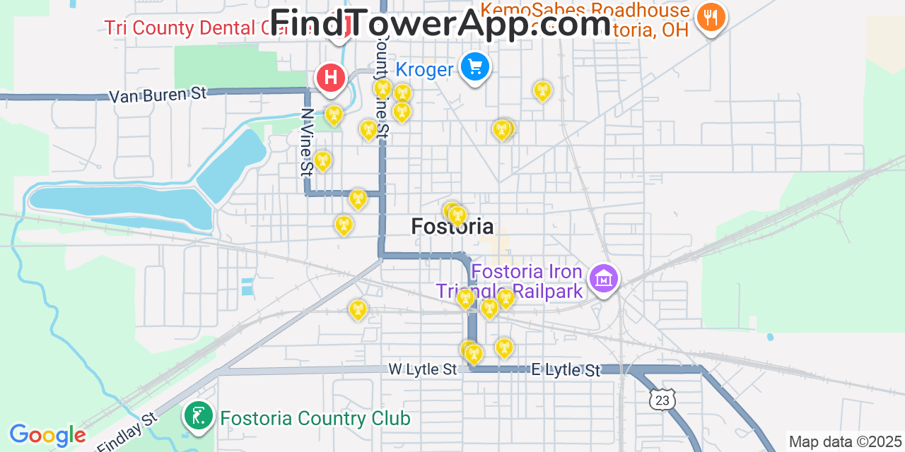 Map showing the 20 primary cell tower locations detected in Fostoria, Ohio from AT&T, Verizon, and T-Mobile networks