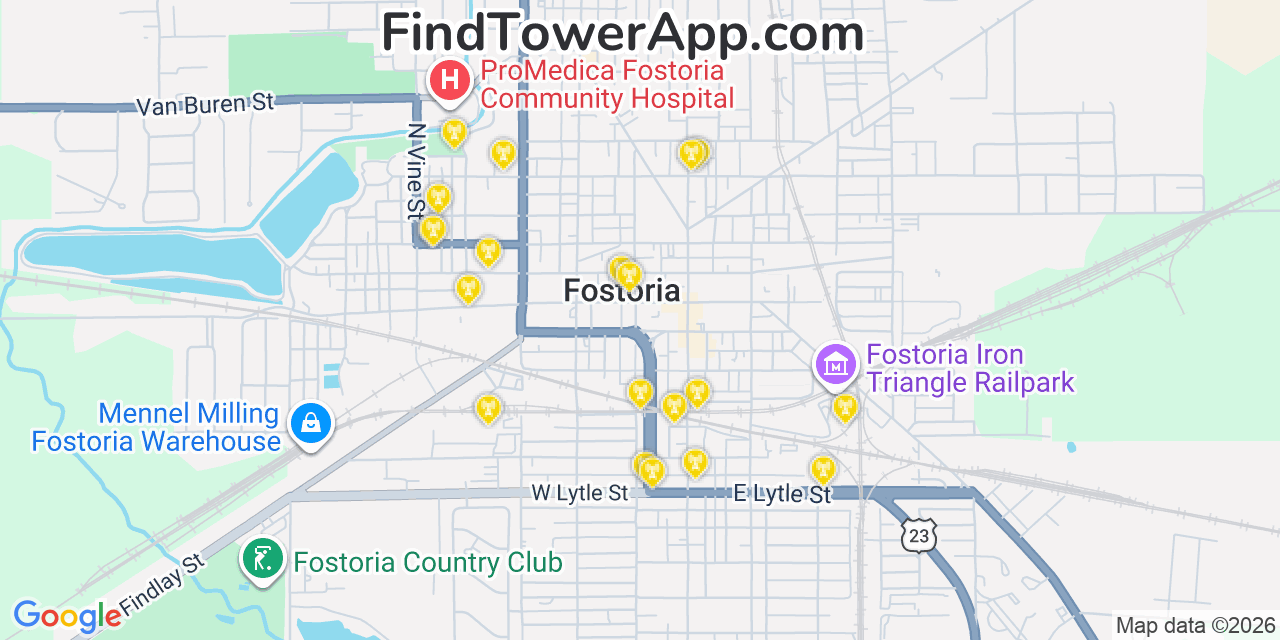 Map showing the 20 primary cell tower locations detected in Fostoria, Ohio from AT&T, Verizon, and T-Mobile networks