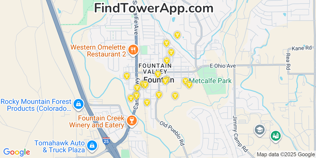 Map showing the 20 primary cell tower locations detected in Fountain, Colorado from AT&T, Verizon, and T-Mobile networks