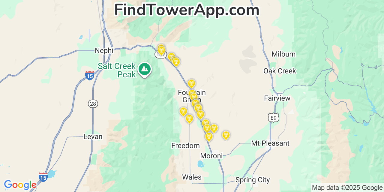 Map showing the 20 primary cell tower locations detected in Fountain Green, Utah from AT&T, Verizon, and T-Mobile networks