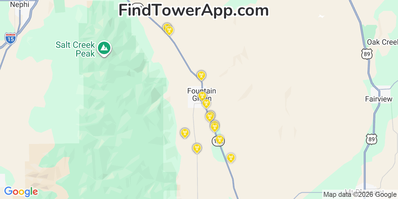 Map showing the 20 primary cell tower locations detected in Fountain Green, Utah from AT&T, Verizon, and T-Mobile networks