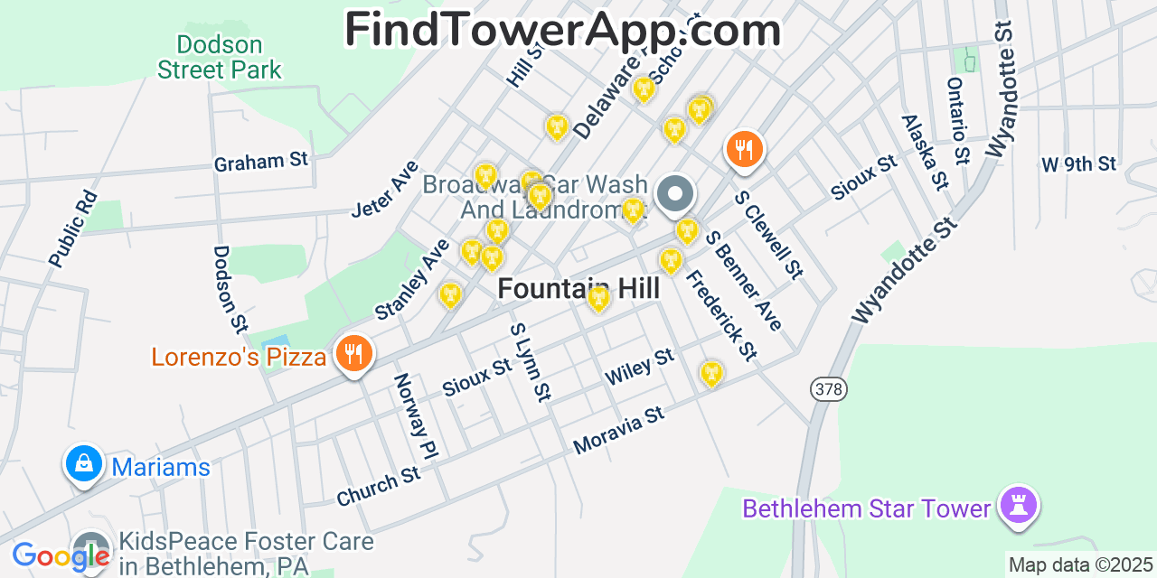 Map showing the 20 primary cell tower locations detected in Fountain Hill, Pennsylvania from AT&T, Verizon, and T-Mobile networks