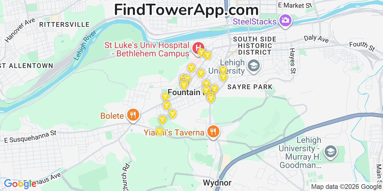Map showing the 20 primary cell tower locations detected in Fountain Hill, Pennsylvania from AT&T, Verizon, and T-Mobile networks