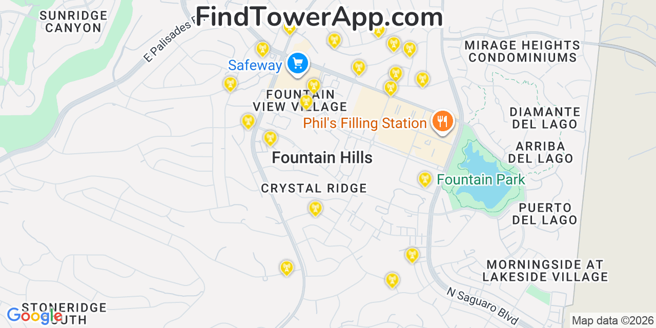 Map showing the 20 primary cell tower locations detected in Fountain Hills, Arizona from AT&T, Verizon, and T-Mobile networks