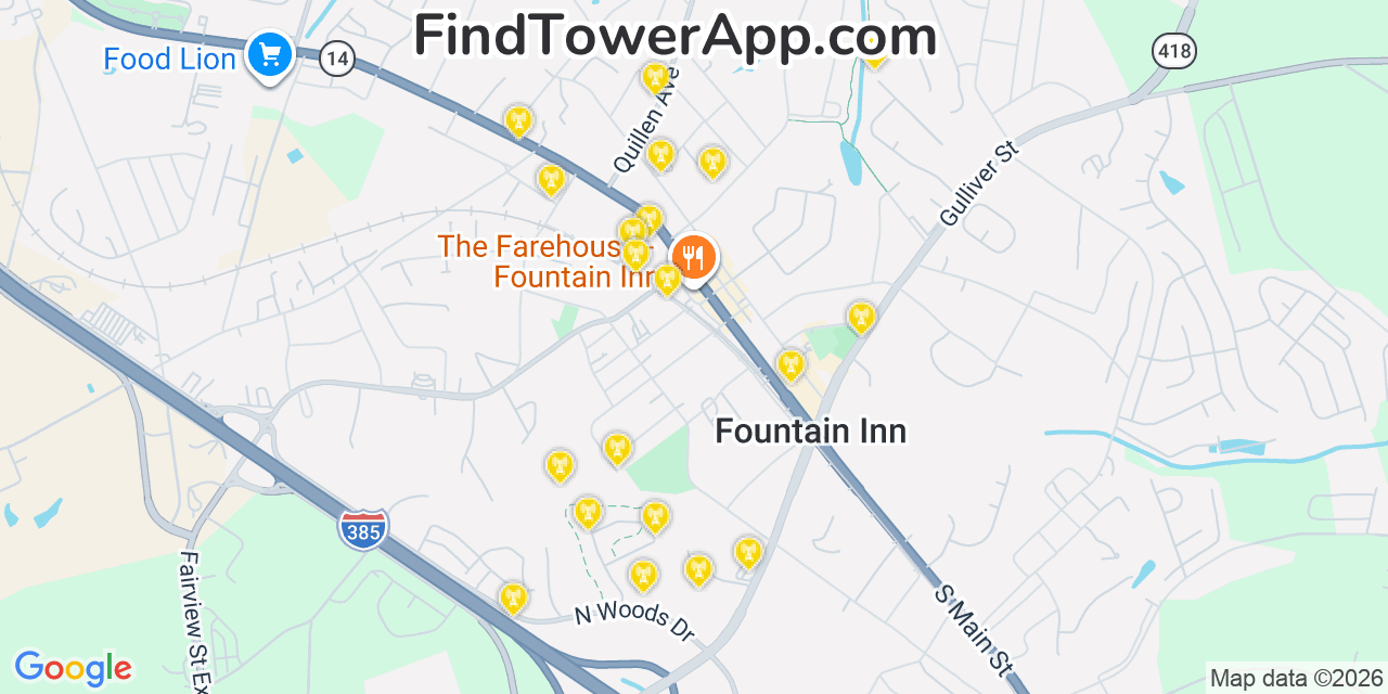 Map showing the 20 primary cell tower locations detected in Fountain Inn, South Carolina from AT&T, Verizon, and T-Mobile networks
