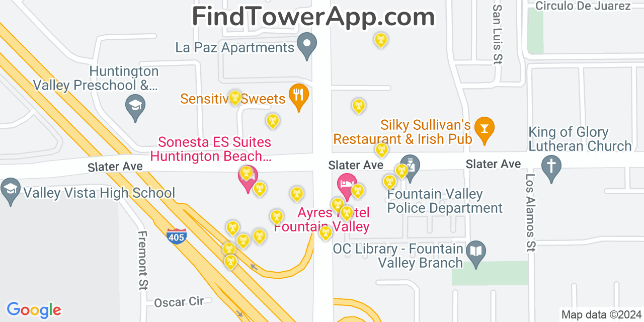 AT&T 4G/5G cell tower coverage map Fountain Valley, California