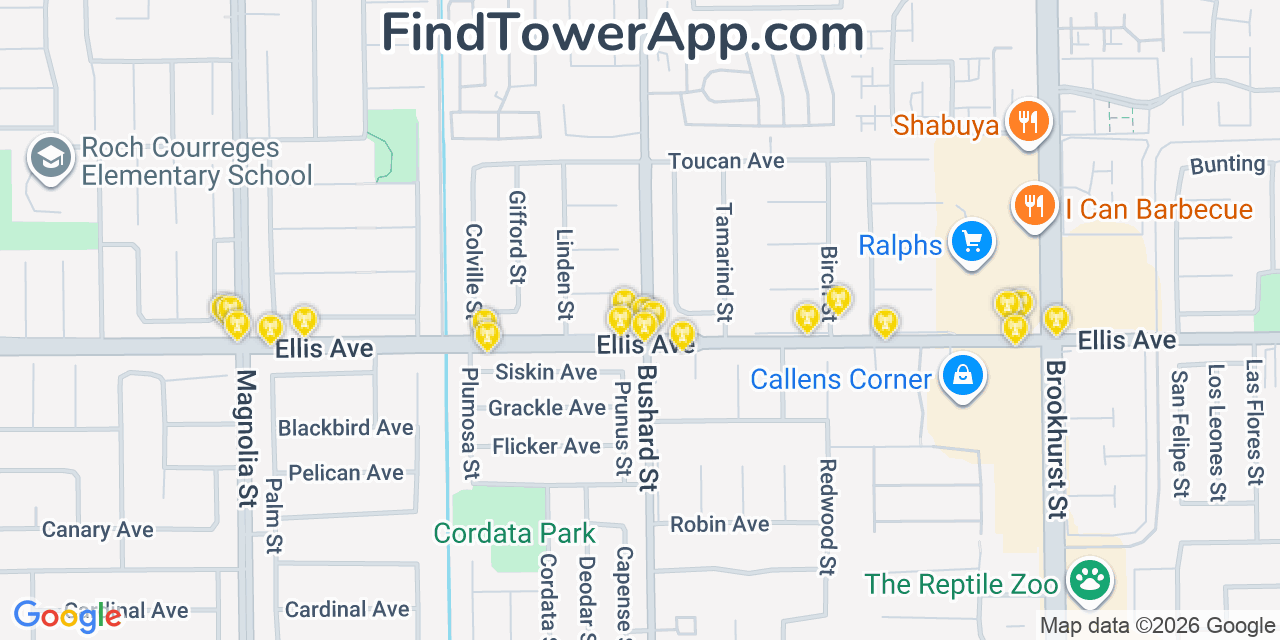 Map showing the 20 primary cell tower locations detected in Fountain Valley, California from AT&T, Verizon, and T-Mobile networks