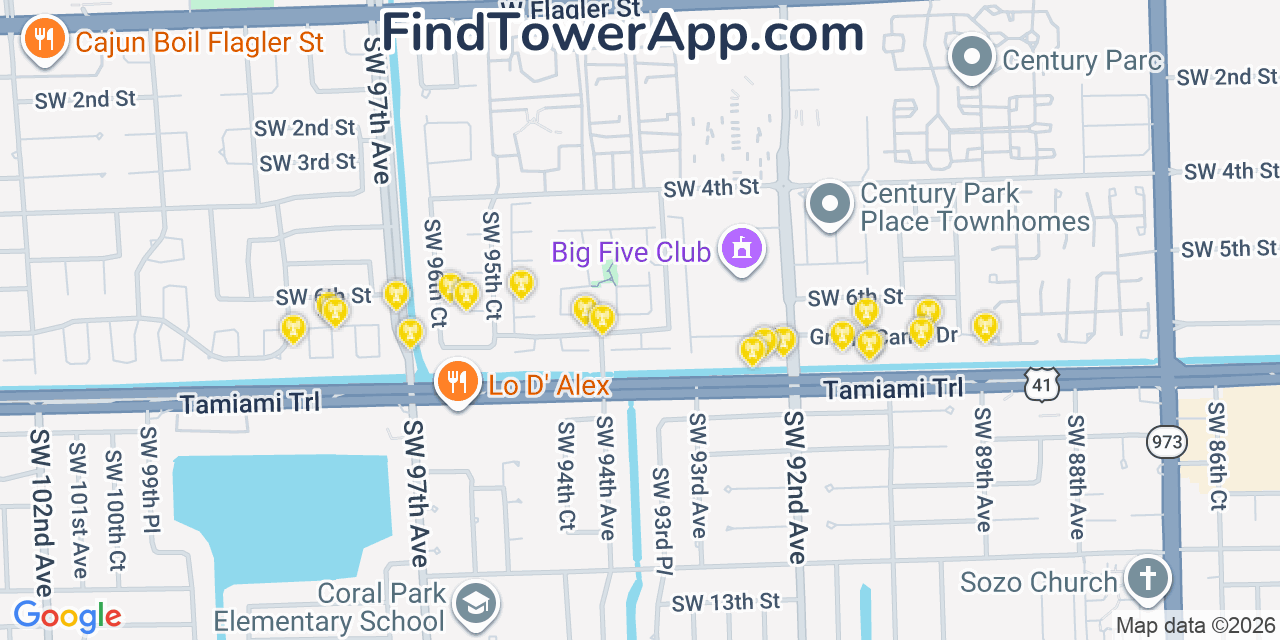 Map showing the 20 primary cell tower locations detected in Fountainebleau, Florida from AT&T, Verizon, and T-Mobile networks