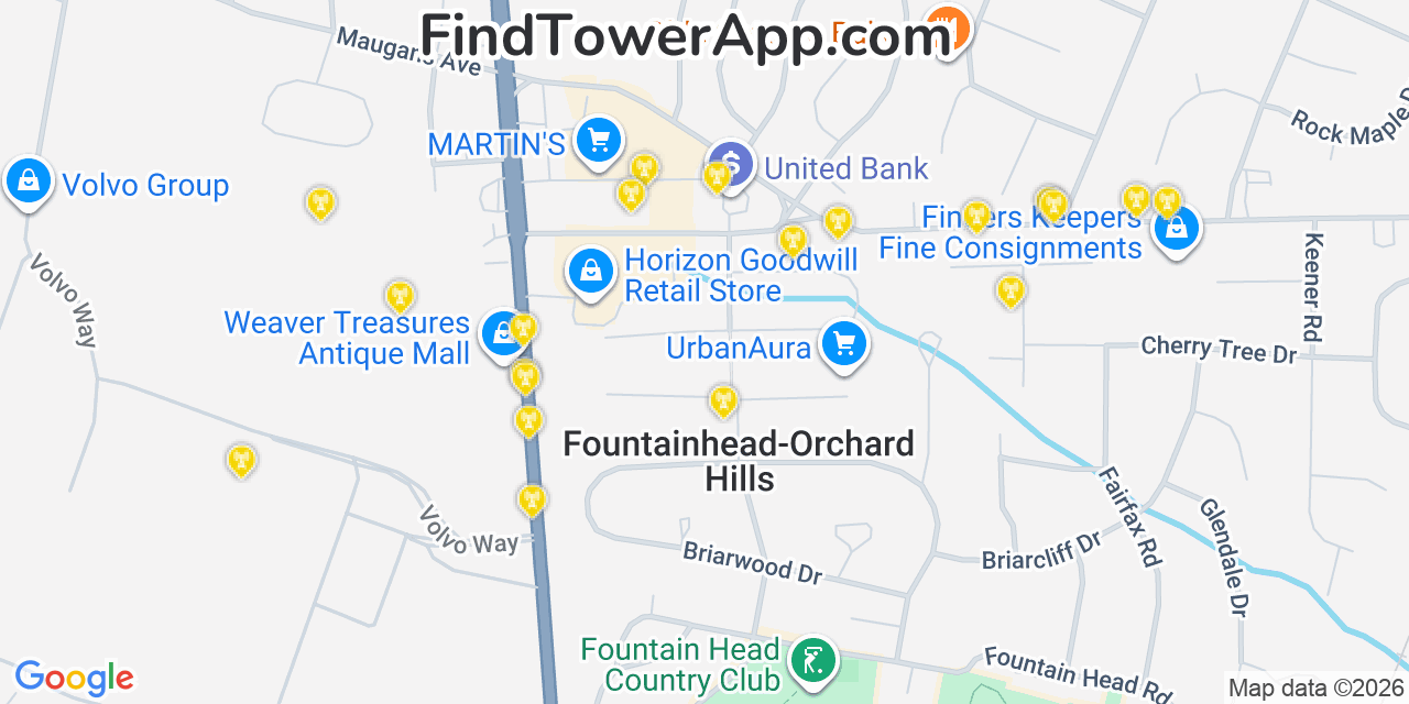 Map showing the 20 primary cell tower locations detected in Fountainhead Orchard Hills, Maryland from AT&T, Verizon, and T-Mobile networks