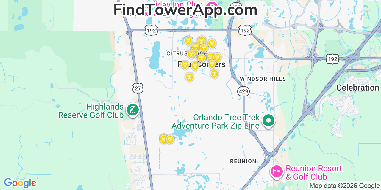 Map showing the 20 primary cell tower locations detected in Four Corners, Florida from AT&T, Verizon, and T-Mobile networks