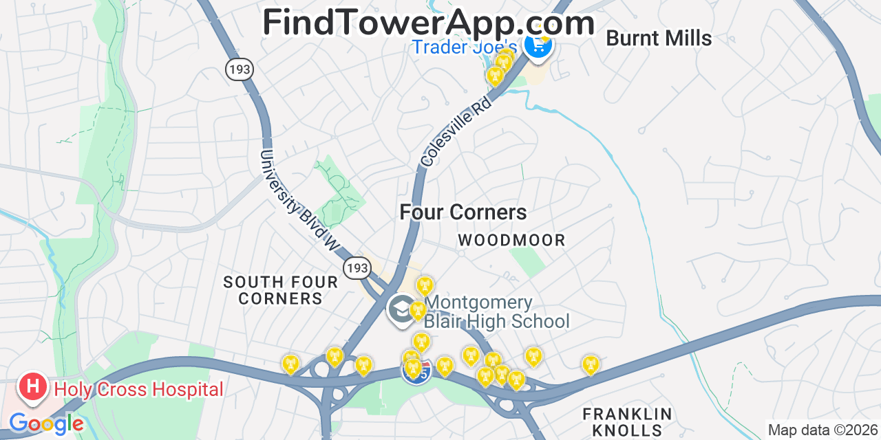 Map showing the 20 primary cell tower locations detected in Four Corners, Maryland from AT&T, Verizon, and T-Mobile networks