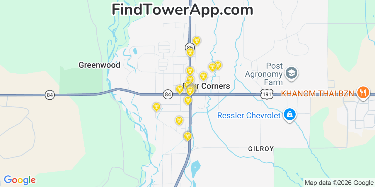 Map showing the 20 primary cell tower locations detected in Four Corners, Montana from AT&T, Verizon, and T-Mobile networks