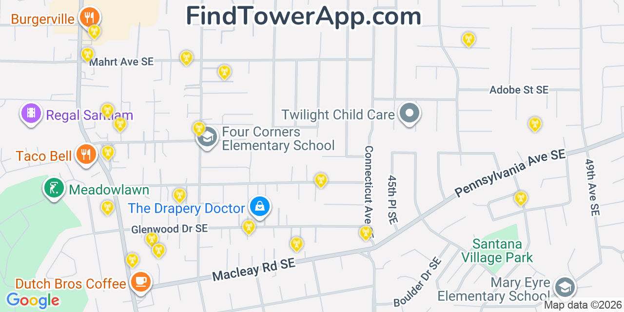 Map showing the 20 primary cell tower locations detected in Four Corners, Oregon from AT&T, Verizon, and T-Mobile networks