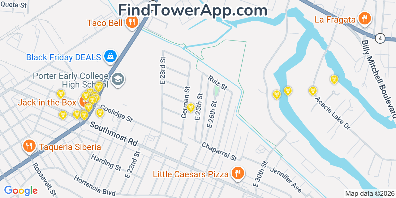 Map showing the 20 primary cell tower locations detected in Four Corners, Texas from AT&T, Verizon, and T-Mobile networks