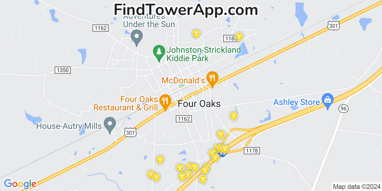 AT&T 4G/5G cell tower coverage map Four Oaks, North Carolina