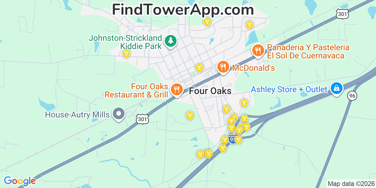 Map showing the 20 primary cell tower locations detected in Four Oaks, North Carolina from AT&T, Verizon, and T-Mobile networks