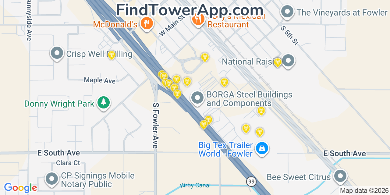 Map showing the 20 primary cell tower locations detected in Fowler, California from AT&T, Verizon, and T-Mobile networks