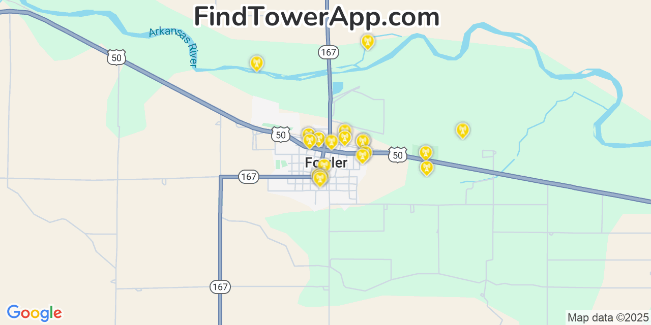 Map showing the 20 primary cell tower locations detected in Fowler, Colorado from AT&T, Verizon, and T-Mobile networks