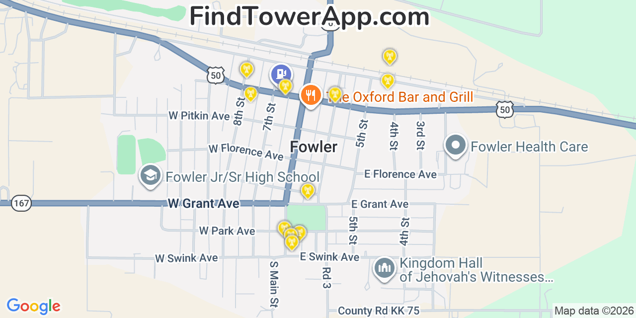 Map showing the 20 primary cell tower locations detected in Fowler, Colorado from AT&T, Verizon, and T-Mobile networks