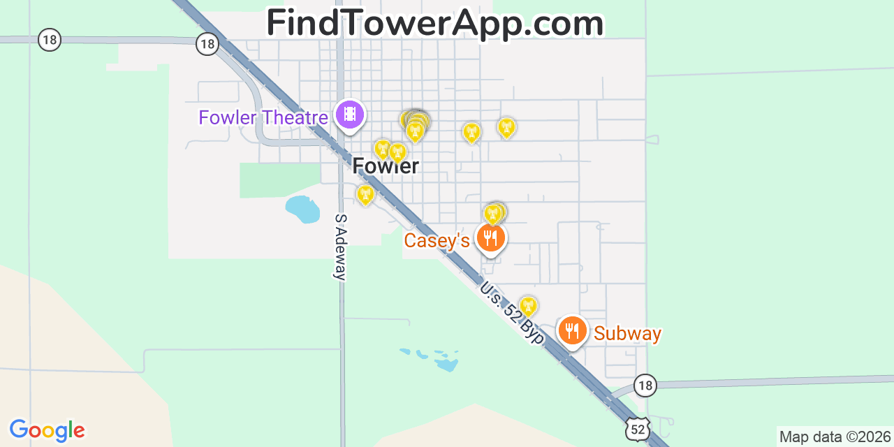 Map showing the 20 primary cell tower locations detected in Fowler, Indiana from AT&T, Verizon, and T-Mobile networks