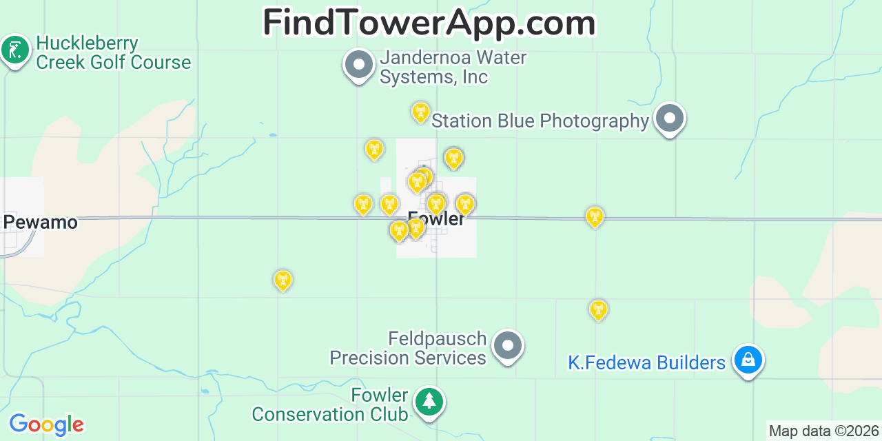 Map showing the 20 primary cell tower locations detected in Fowler, Michigan from AT&T, Verizon, and T-Mobile networks