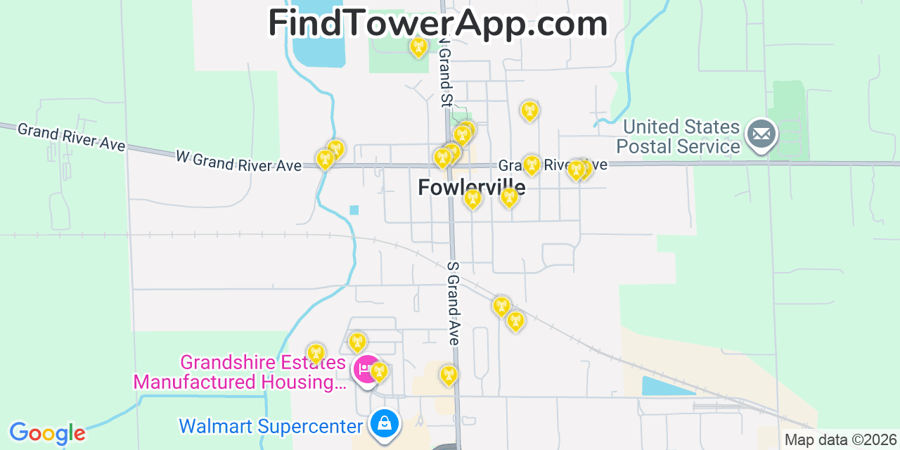 Map showing the 20 primary cell tower locations detected in Fowlerville, Michigan from AT&T, Verizon, and T-Mobile networks