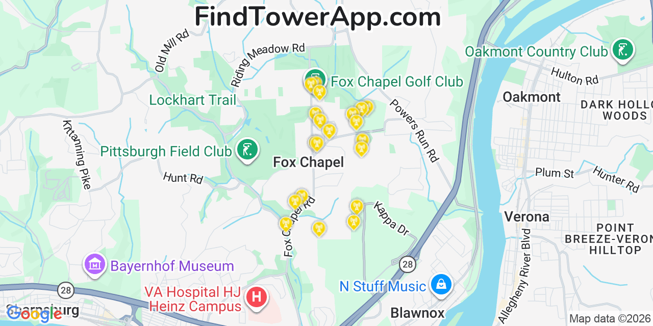 Map showing the 20 primary cell tower locations detected in Fox Chapel, Pennsylvania from AT&T, Verizon, and T-Mobile networks