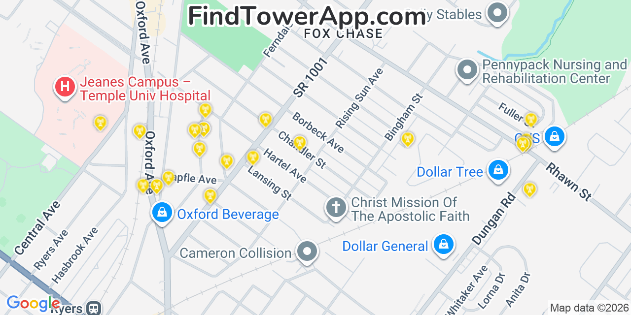 Map showing the 20 primary cell tower locations detected in Fox Chase, Pennsylvania from AT&T, Verizon, and T-Mobile networks