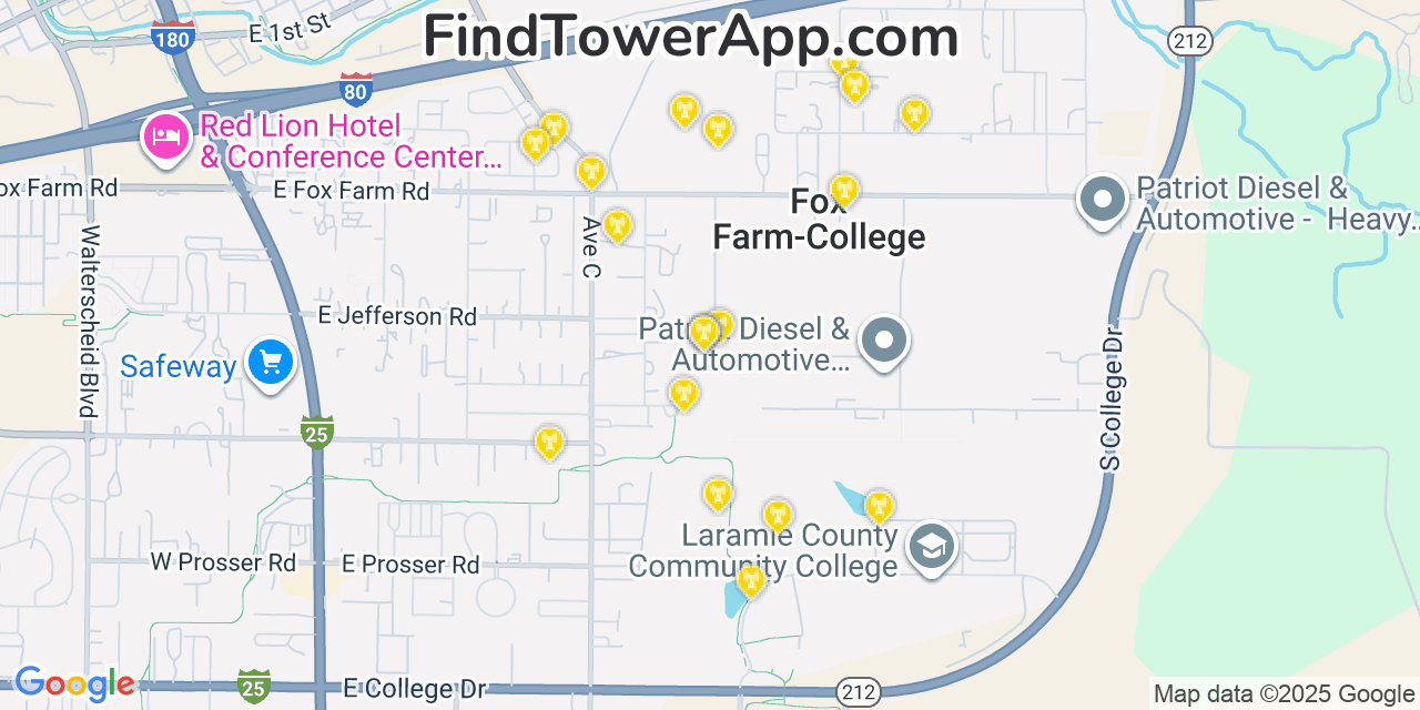 Map showing the 20 primary cell tower locations detected in Fox Farm-College, Wyoming from AT&T, Verizon, and T-Mobile networks
