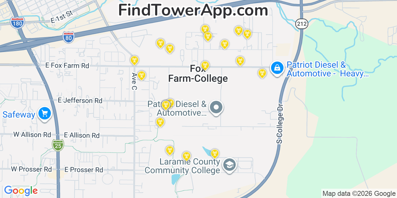Map showing the 20 primary cell tower locations detected in Fox Farm College, Wyoming from AT&T, Verizon, and T-Mobile networks