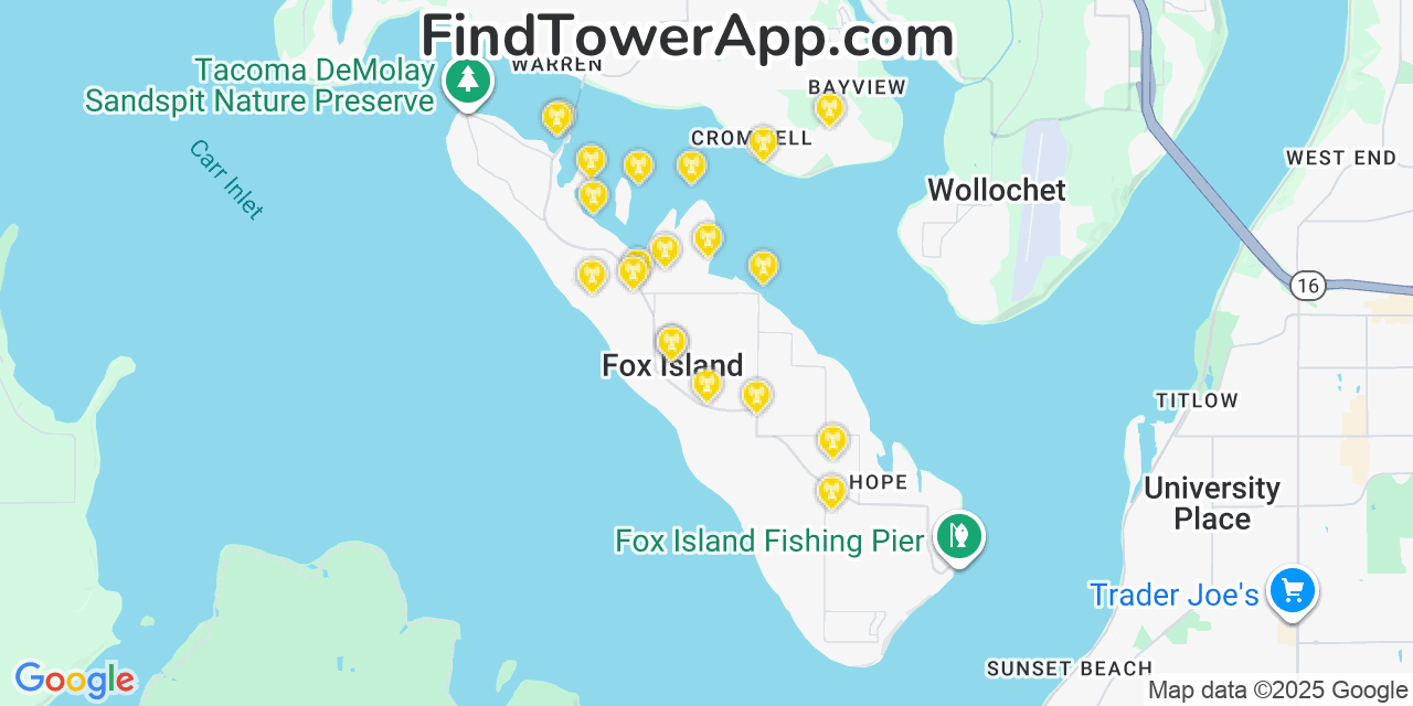Map showing the 20 primary cell tower locations detected in Fox Island, Washington from AT&T, Verizon, and T-Mobile networks