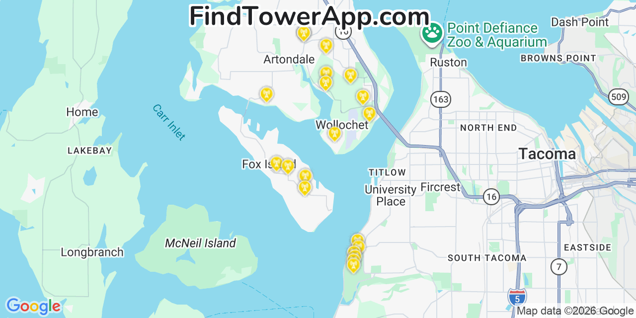 Map showing the 20 primary cell tower locations detected in Fox Island, Washington from AT&T, Verizon, and T-Mobile networks