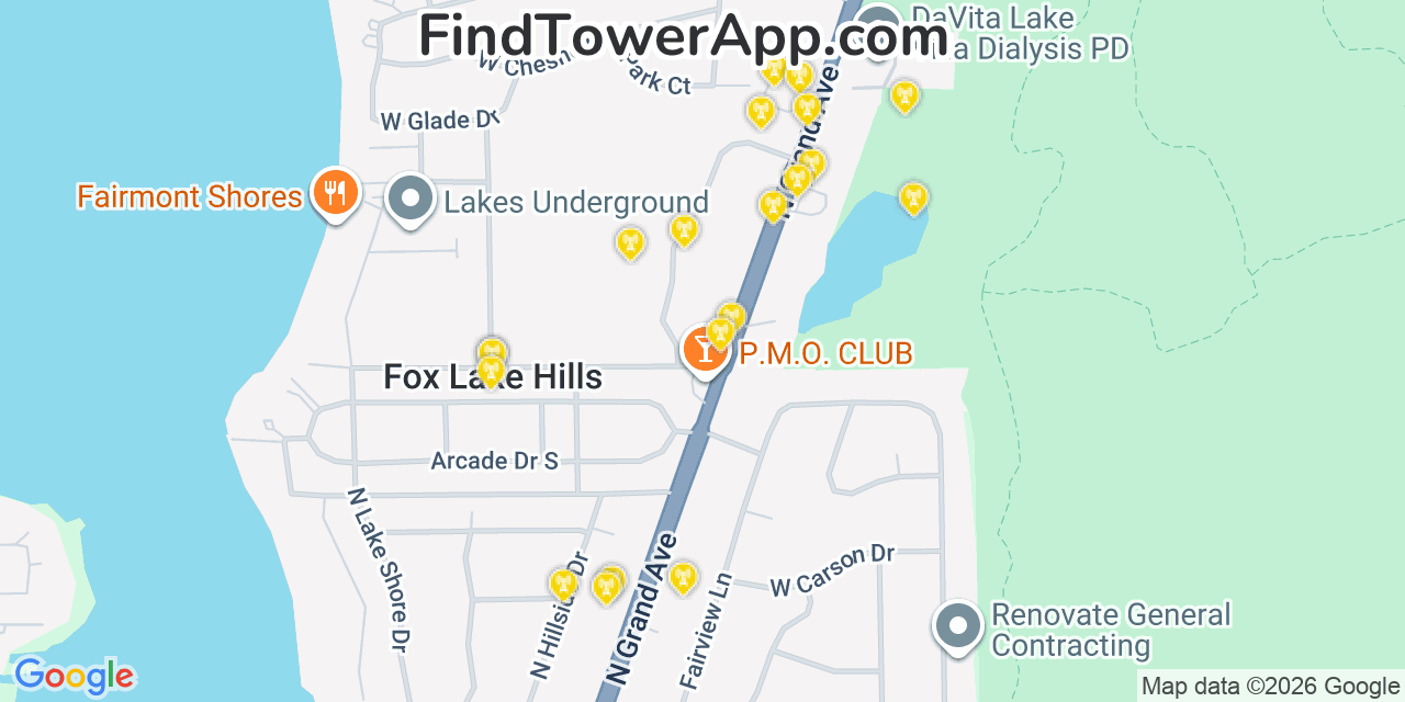 Map showing the 20 primary cell tower locations detected in Fox Lake Hills, Illinois from AT&T, Verizon, and T-Mobile networks