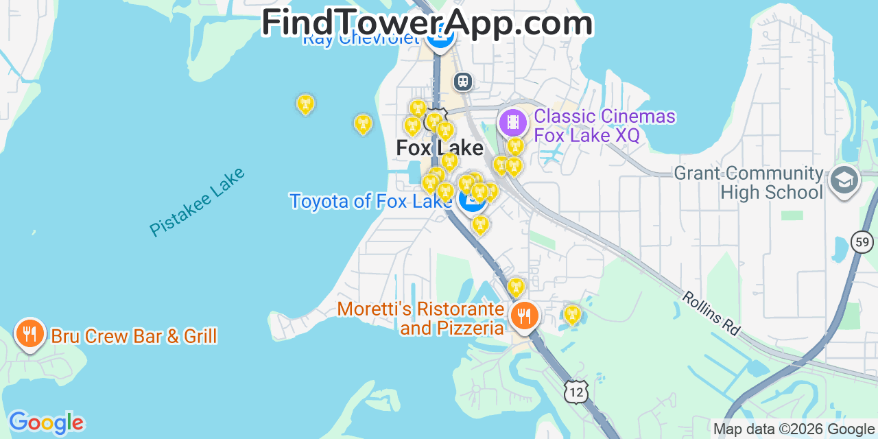 Map showing the 20 primary cell tower locations detected in Fox Lake, Illinois from AT&T, Verizon, and T-Mobile networks
