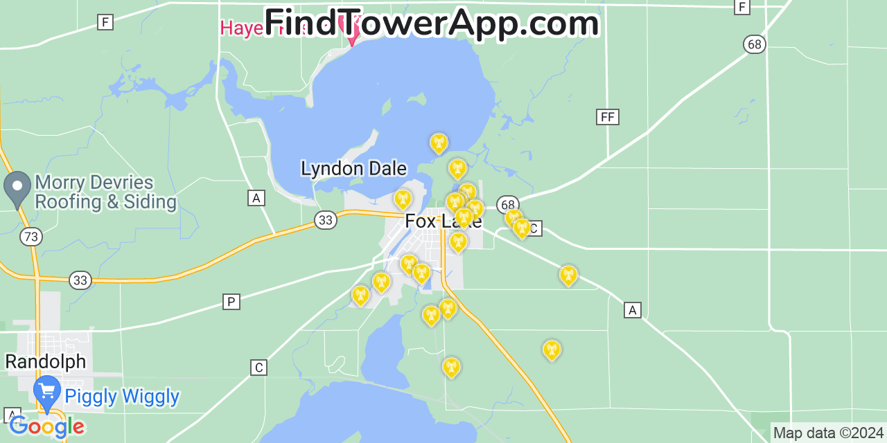 AT&T 4G/5G cell tower coverage map Fox Lake, Wisconsin