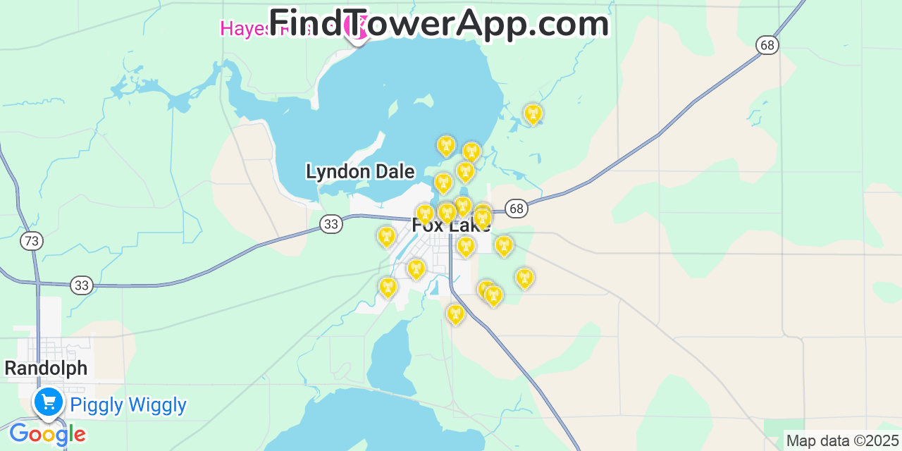 Map showing the 20 primary cell tower locations detected in Fox Lake, Wisconsin from AT&T, Verizon, and T-Mobile networks