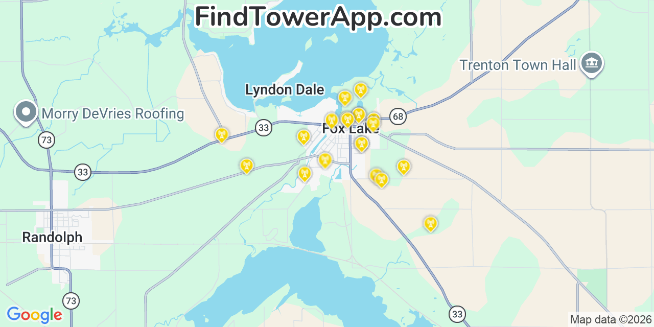 Map showing the 20 primary cell tower locations detected in Fox Lake, Wisconsin from AT&T, Verizon, and T-Mobile networks