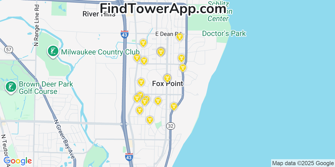 Map showing the 20 primary cell tower locations detected in Fox Point, Wisconsin from AT&T, Verizon, and T-Mobile networks