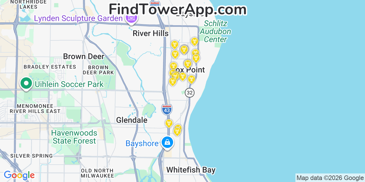 Map showing the 20 primary cell tower locations detected in Fox Point, Wisconsin from AT&T, Verizon, and T-Mobile networks