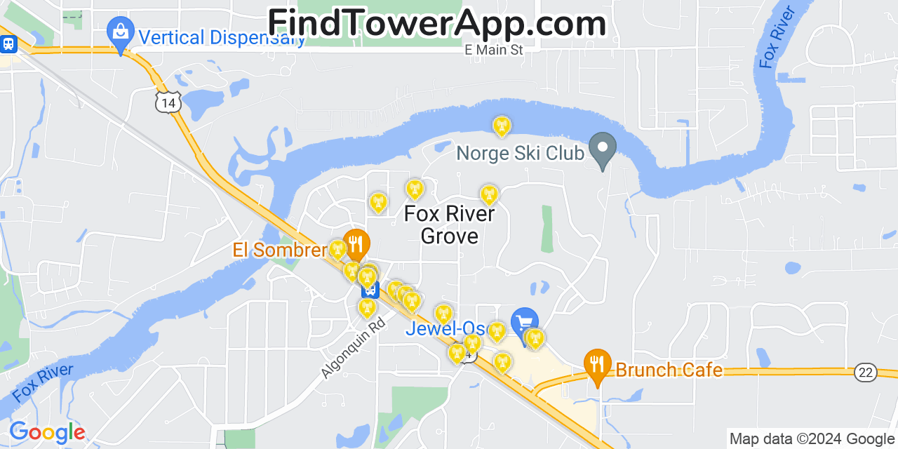 AT&T 4G/5G cell tower coverage map Fox River Grove, Illinois