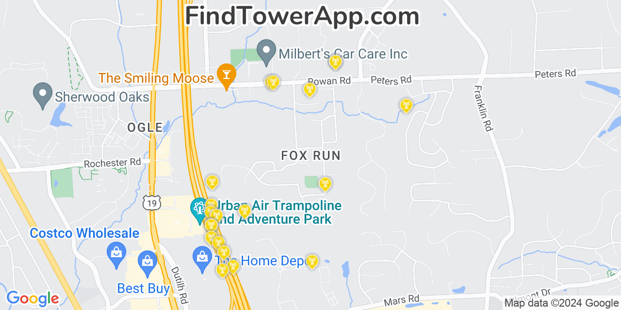 AT&T 4G/5G cell tower coverage map Fox Run, Pennsylvania