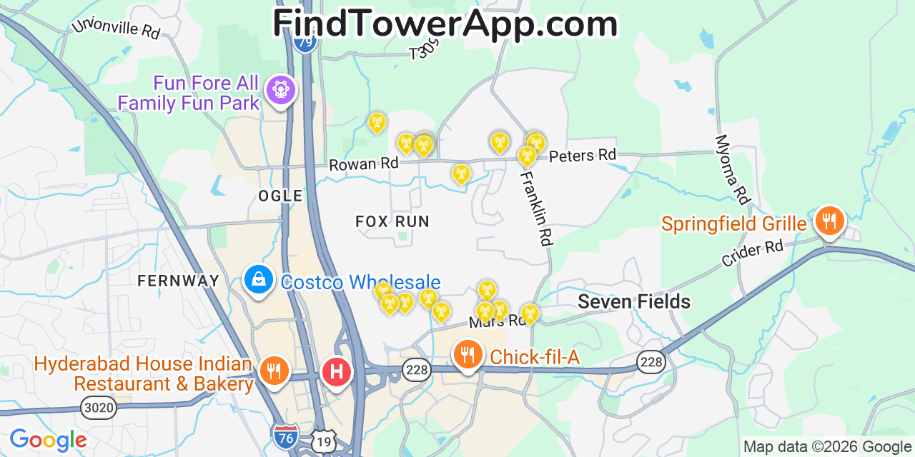Map showing the 20 primary cell tower locations detected in Fox Run, Pennsylvania from AT&T, Verizon, and T-Mobile networks