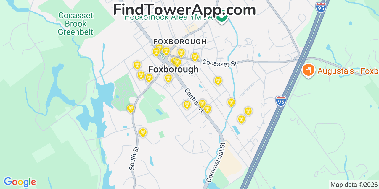Map showing the 20 primary cell tower locations detected in Foxborough, Massachusetts from AT&T, Verizon, and T-Mobile networks