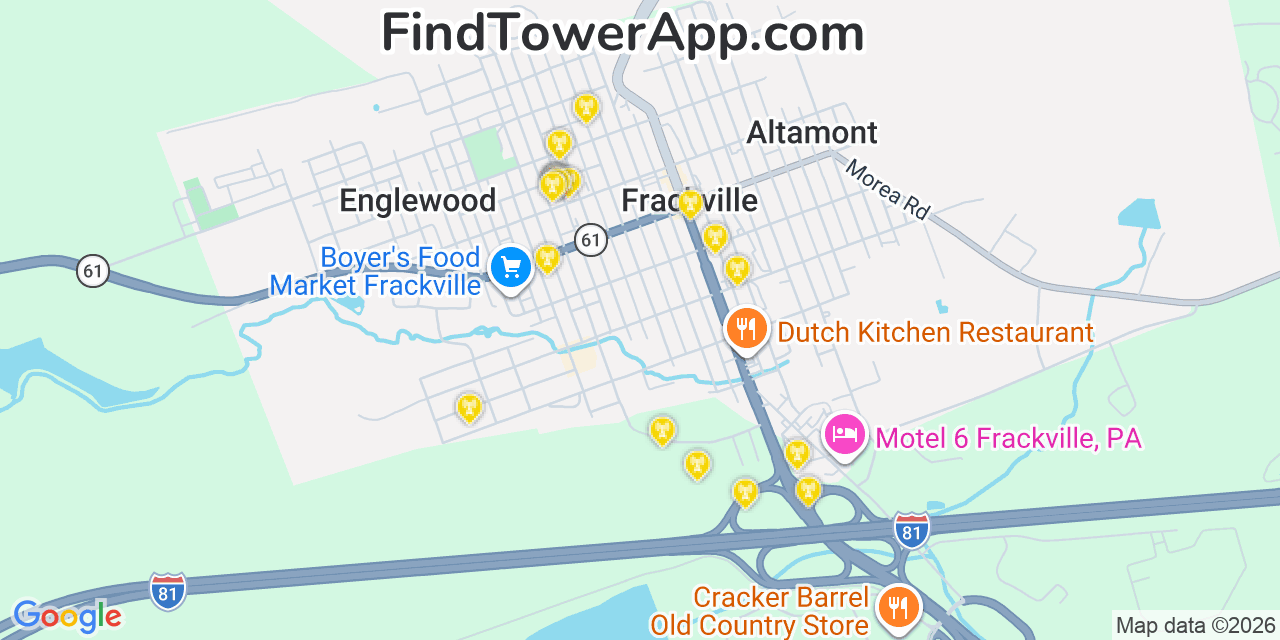 Map showing the 20 primary cell tower locations detected in Frackville, Pennsylvania from AT&T, Verizon, and T-Mobile networks