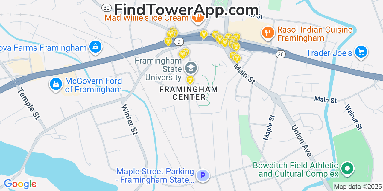 Map showing the 20 primary cell tower locations detected in Framingham Center, Massachusetts from AT&T, Verizon, and T-Mobile networks