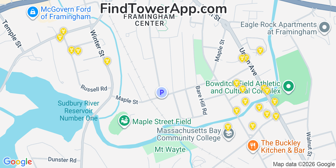 Map showing the 20 primary cell tower locations detected in Framingham Center, Massachusetts from AT&T, Verizon, and T-Mobile networks