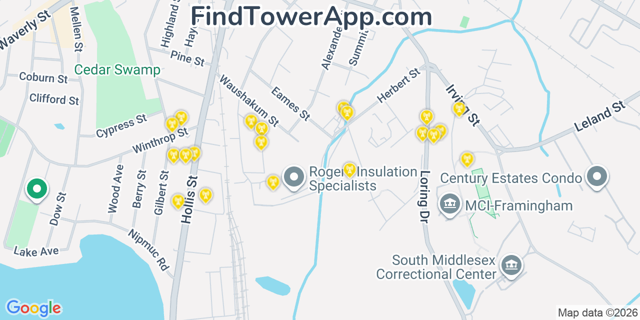Map showing the 20 primary cell tower locations detected in Framingham, Massachusetts from AT&T, Verizon, and T-Mobile networks