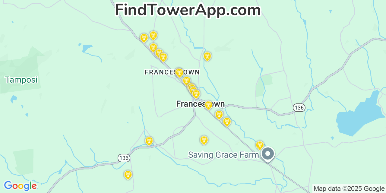 Map showing the 20 primary cell tower locations detected in Francestown, New Hampshire from AT&T, Verizon, and T-Mobile networks
