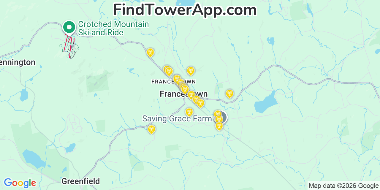 Map showing the 20 primary cell tower locations detected in Francestown, New Hampshire from AT&T, Verizon, and T-Mobile networks