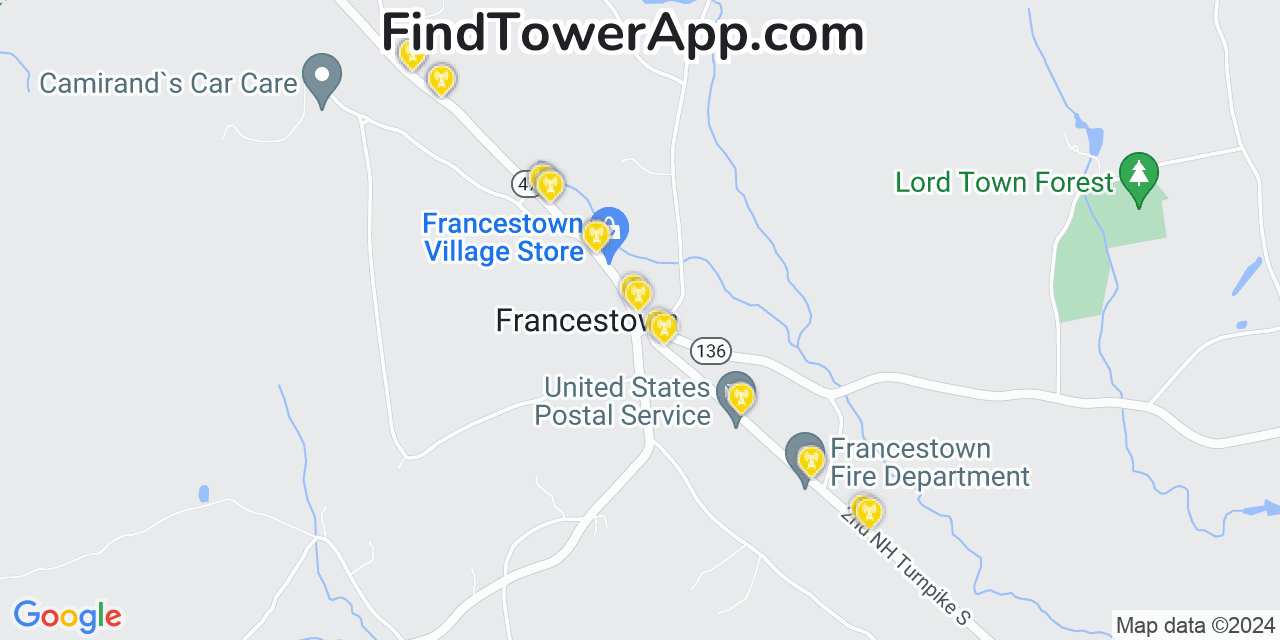 Verizon 4G/5G cell tower coverage map Francestown, New Hampshire